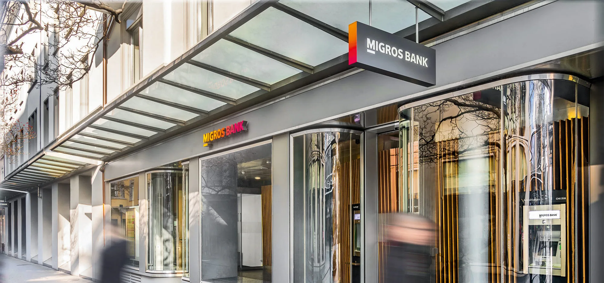 Exterior of a branch of Migros Bank in Switzerland.