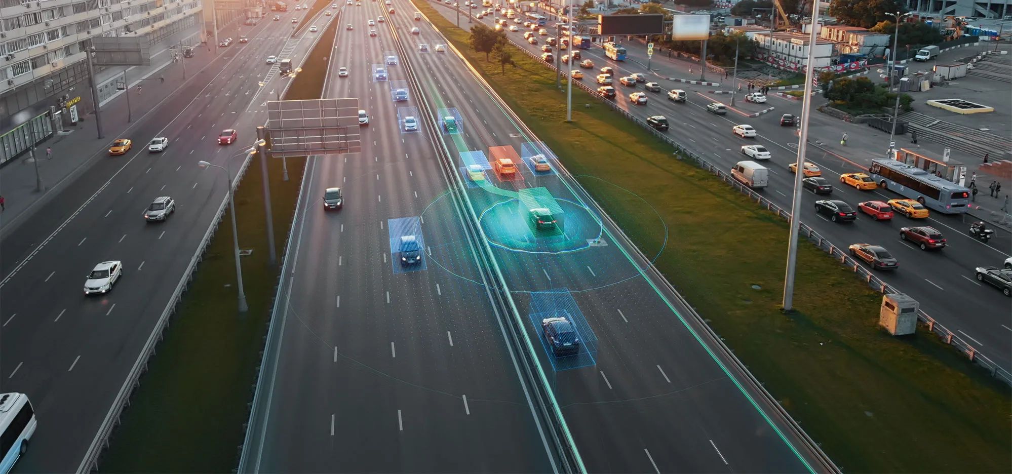 Multilane city expressway with smart vehicles.