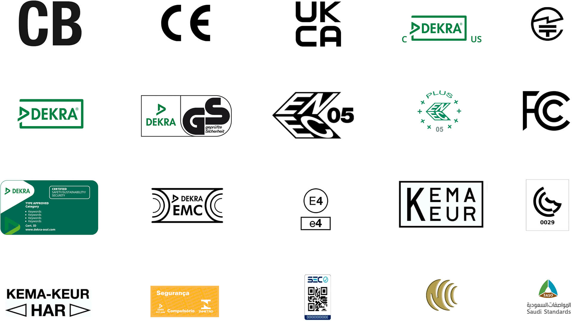 Verschiedene internationale Prüf- und Zertifizierungszeichen, darunter DEKRA, CE und FCC.