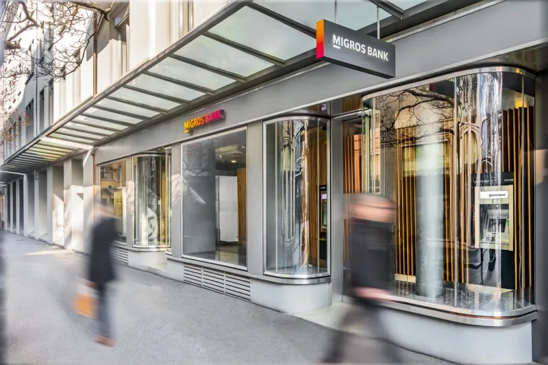 Exterior of a branch of Migros Bank in Switzerland.