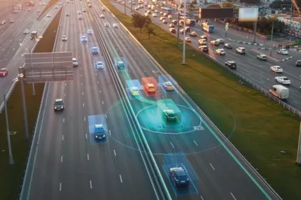 Multilane city expressway with smart vehicles.